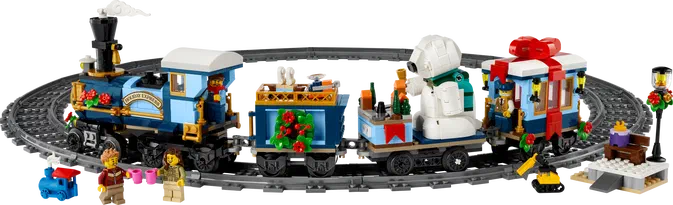 Train de Noël LEGO avec des wagons décorés et des personnages