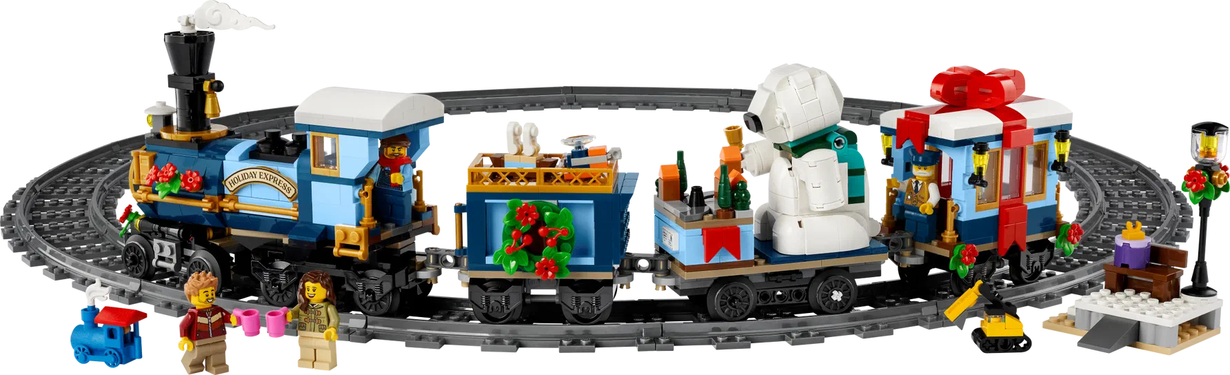 Train de Noël LEGO avec des wagons décorés et des personnages