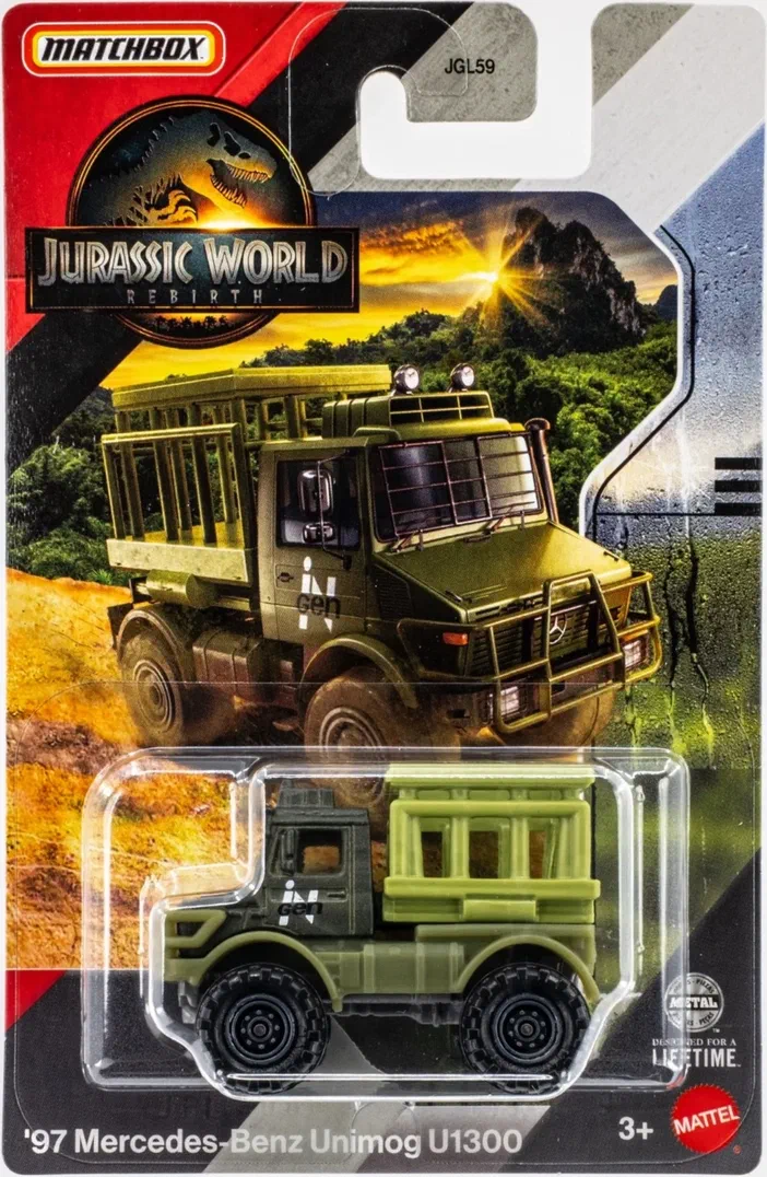 Packaging Matchbox de la voiture '97 Mercedes-Benz Unimog U1300 du jeu Jurassic World Rebirth