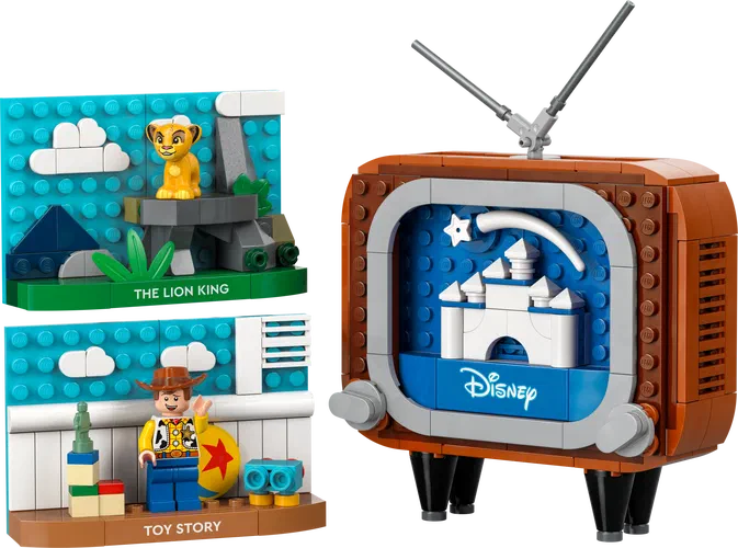 Un ensemble de LEGO Disney Classic Animation Scenes avec des scènes d'animation classiques, incluant Simba du Roi Lion et Woody de Toy Story.