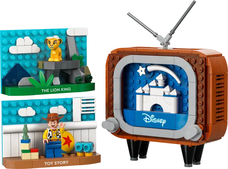 Un ensemble de LEGO Disney Classic Animation Scenes avec des scènes d'animation classiques, incluant Simba du Roi Lion et Woody de Toy Story.