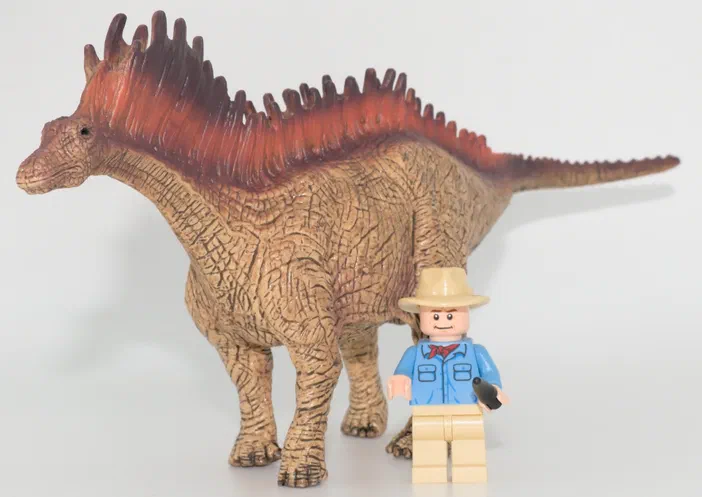Un jouet de dinosaure à dos rouge et un petit personnage Lego.
