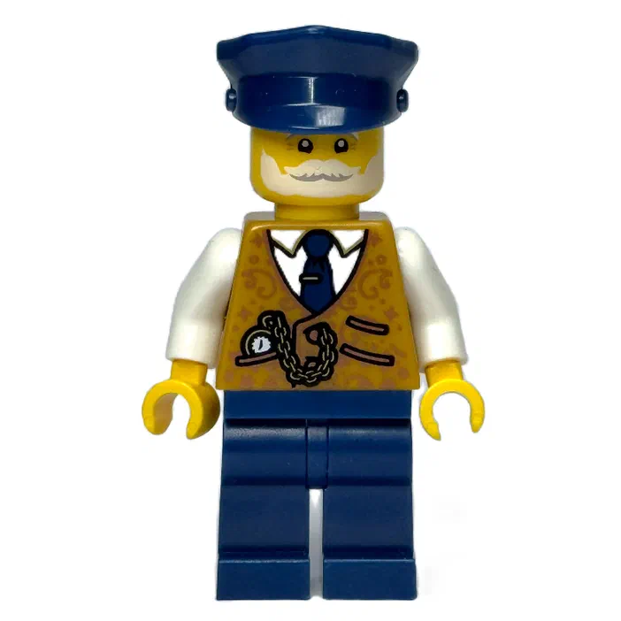 Minifigurine LEGO de collection représentant un personnage avec une moustache blanche et des vêtements dorés.