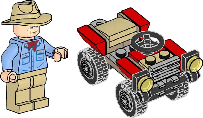 Alan Grant avec son buggy LEGO dans le jeu Jurassic World