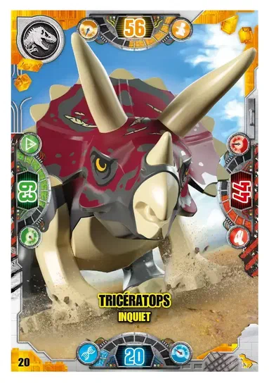 Carte de collection LEGO Jurassic World présentant un Tricératops inquiet en version rouge et beige.