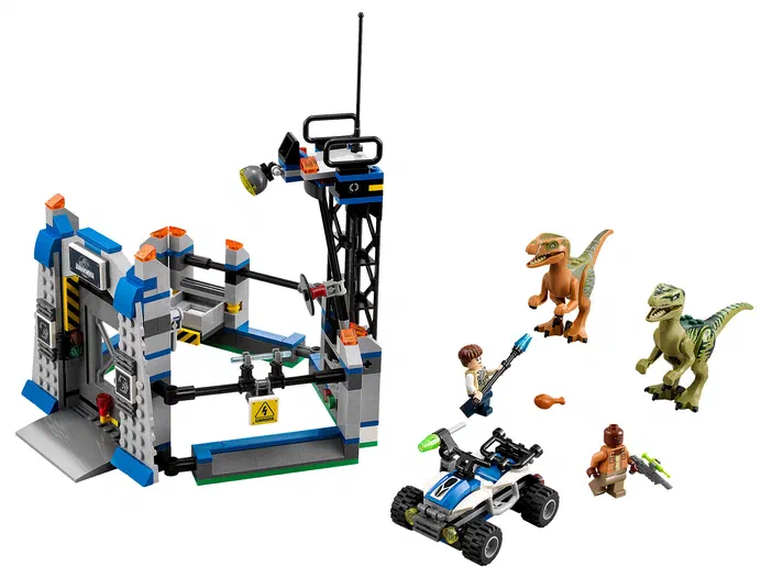 Ensemble de construction LEGO Jurassic World Raptor Escape avec une base et des dinosaures