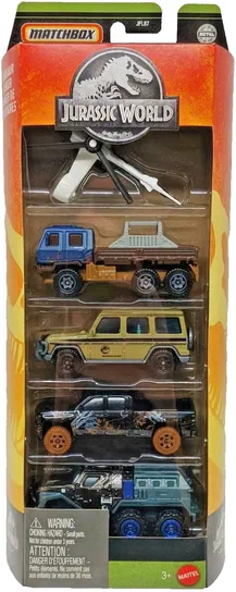 Dinosaur Danger - JFB97 Packaging Matchbox Jurassic World contenant cinq véhicules de sauvetage : hélicoptère, camion blindé, pick-up et deux SUV.