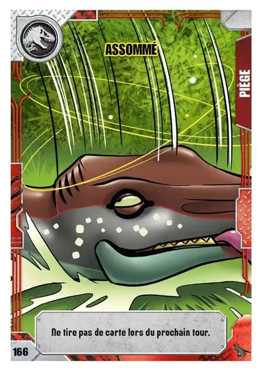 Carte de jeu LEGO Jurassic World Assommé : un dinosaure est assommé par une attaque électrique.