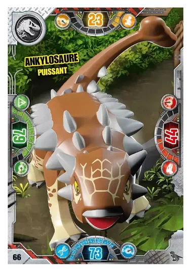 Carte de collection LEGO Jurassic World présentant un Ankylosaure puissant en version LEGO.