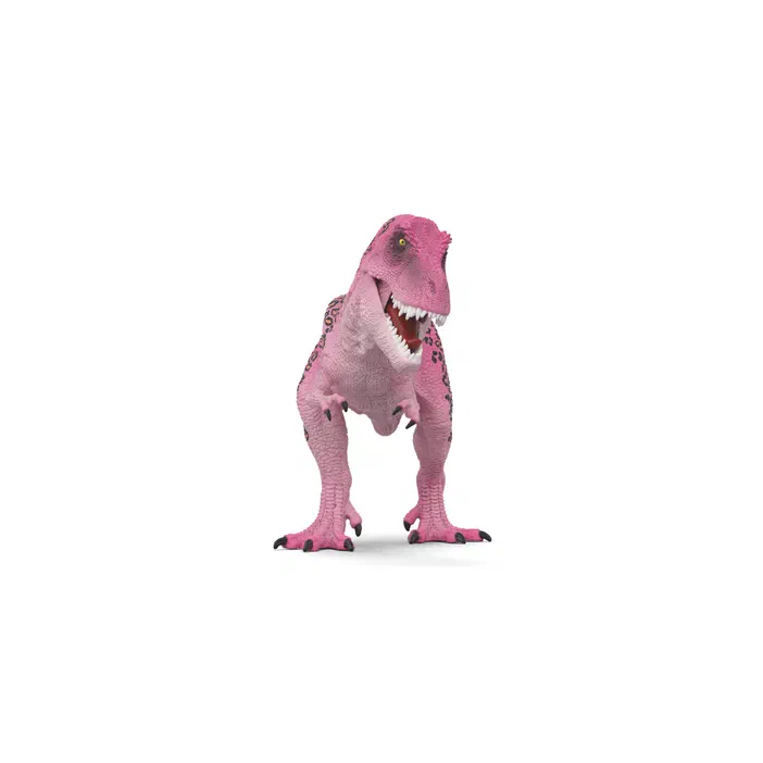 Un T-Rex jouet de la marque Schleich, peint en rose avec des motifs sombres sur le dos et les pattes.