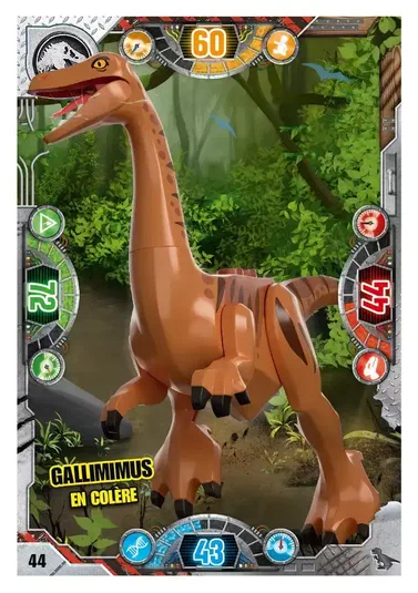 Carte de collection LEGO Jurassic World présentant un Gallimimus en colère avec des statistiques et le numéro 44.