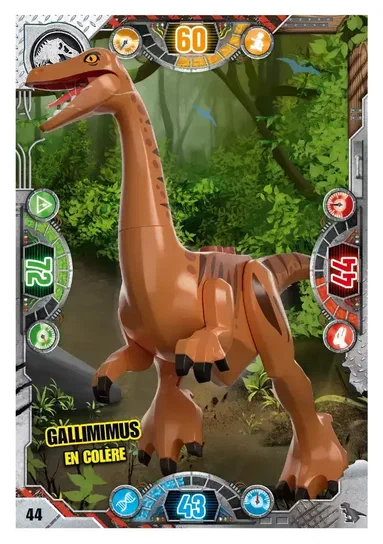 Carte de collection LEGO Jurassic World présentant un Gallimimus en colère avec des statistiques et le numéro 44.