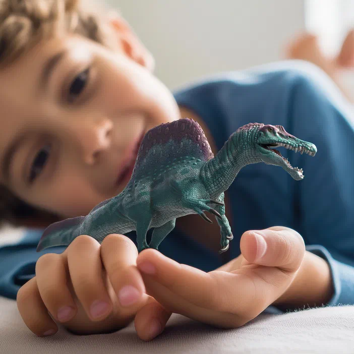 Un enfant tient un jouet de dinosaure, un Spinosaurus vert et violet.