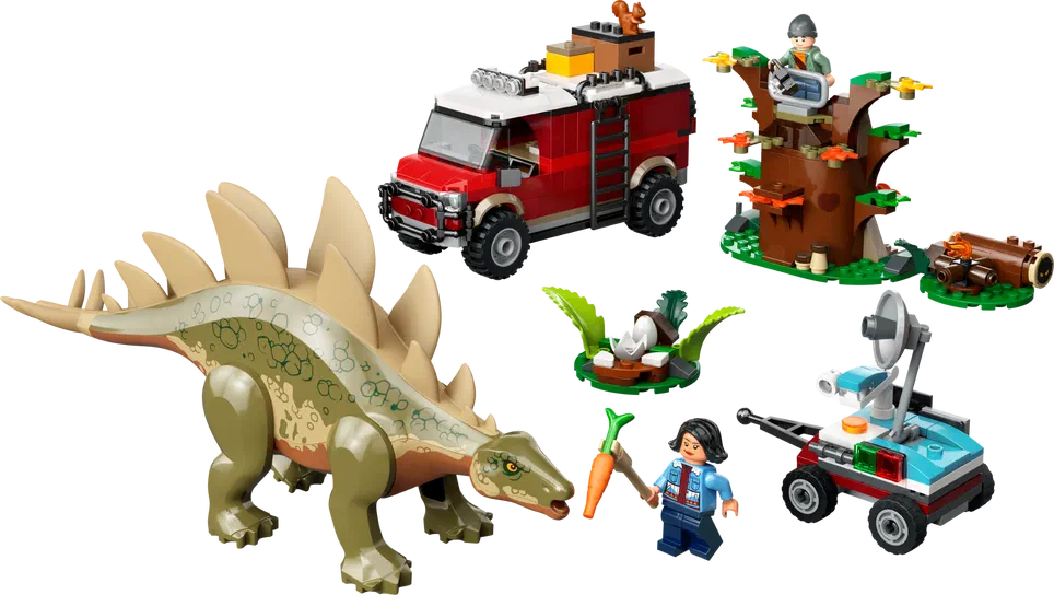 Ensemble de pièces LEGO Jurassic World incluant un stégosaure, une voiture rouge et des accessoires.