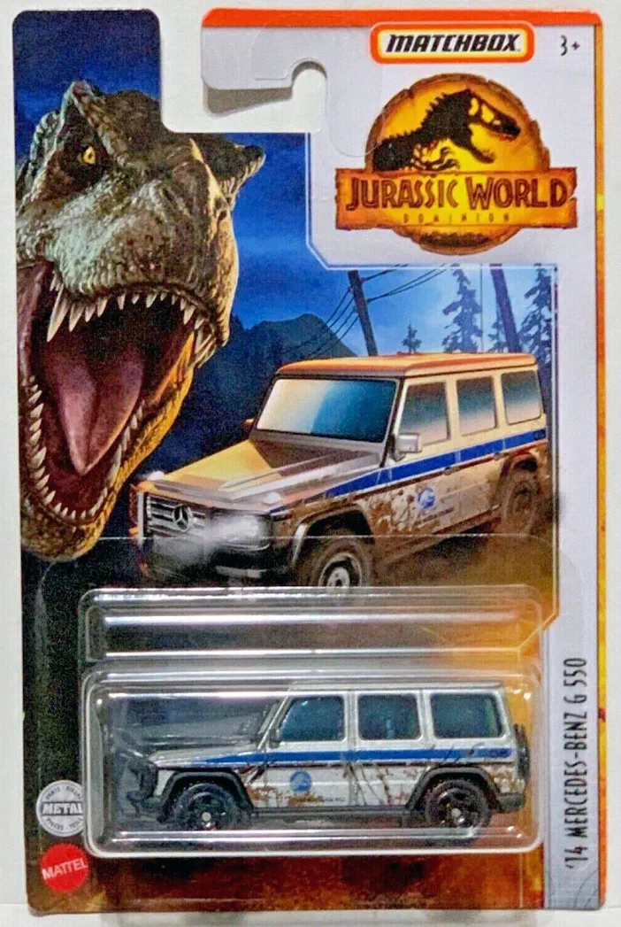 Packaging Matchbox de la voiture '14 Mercedes-Benz G 550 du film Jurassic World Dominion avec un T-Rex en arrière-plan.