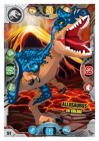 Carte de collection LEGO Jurassic World montrant un Allosaurus en colère dans une scène volcanique.