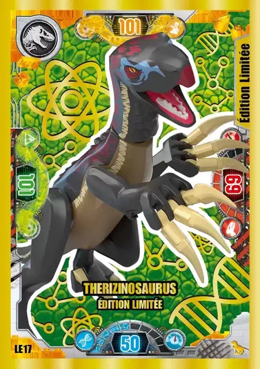 Carte de collection LEGO Jurassic World montrant un Therizinosaurus édition limitée avec des statistiques et motifs scientifiques.