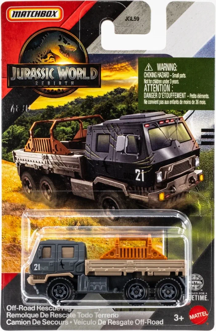 Camion de secours tout-terrain Matchbox Jurassic World Rebirth dans son emballage