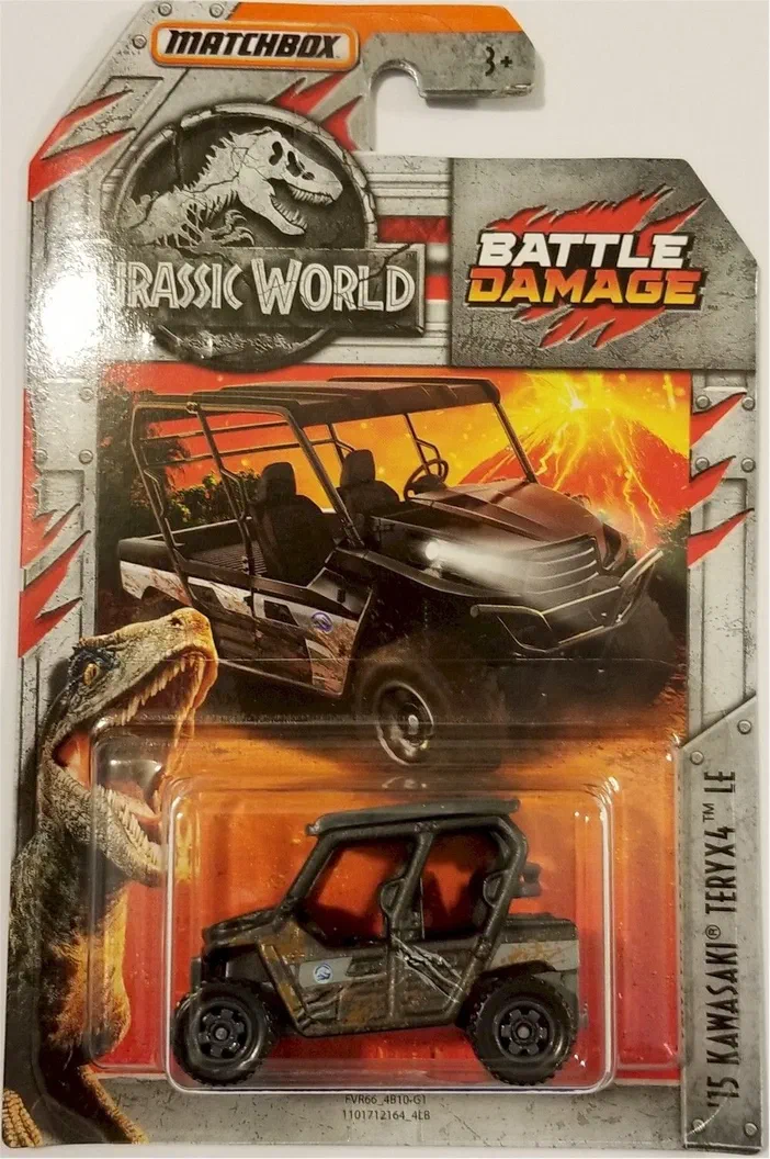 Packaging Matchbox de la voiture Kawasaki Teryx4 LE (2018) avec le thème Jurassic World Battle Damage