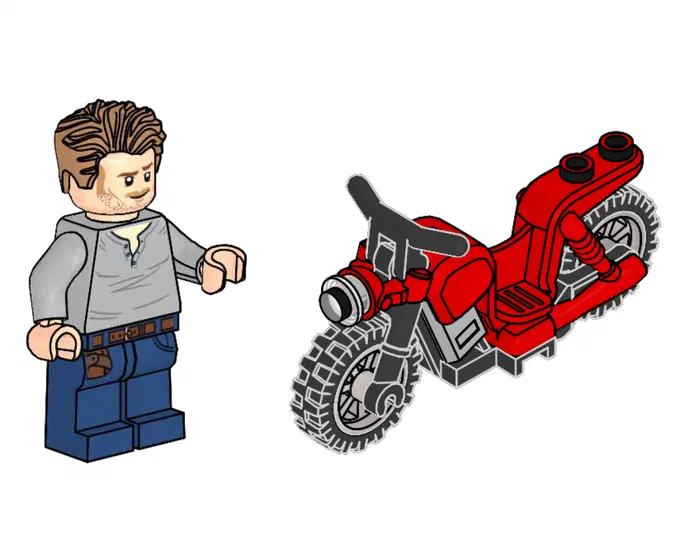 Minifigur d'Owen avec sa moto rouge géante du jeu LEGO Jurassic World