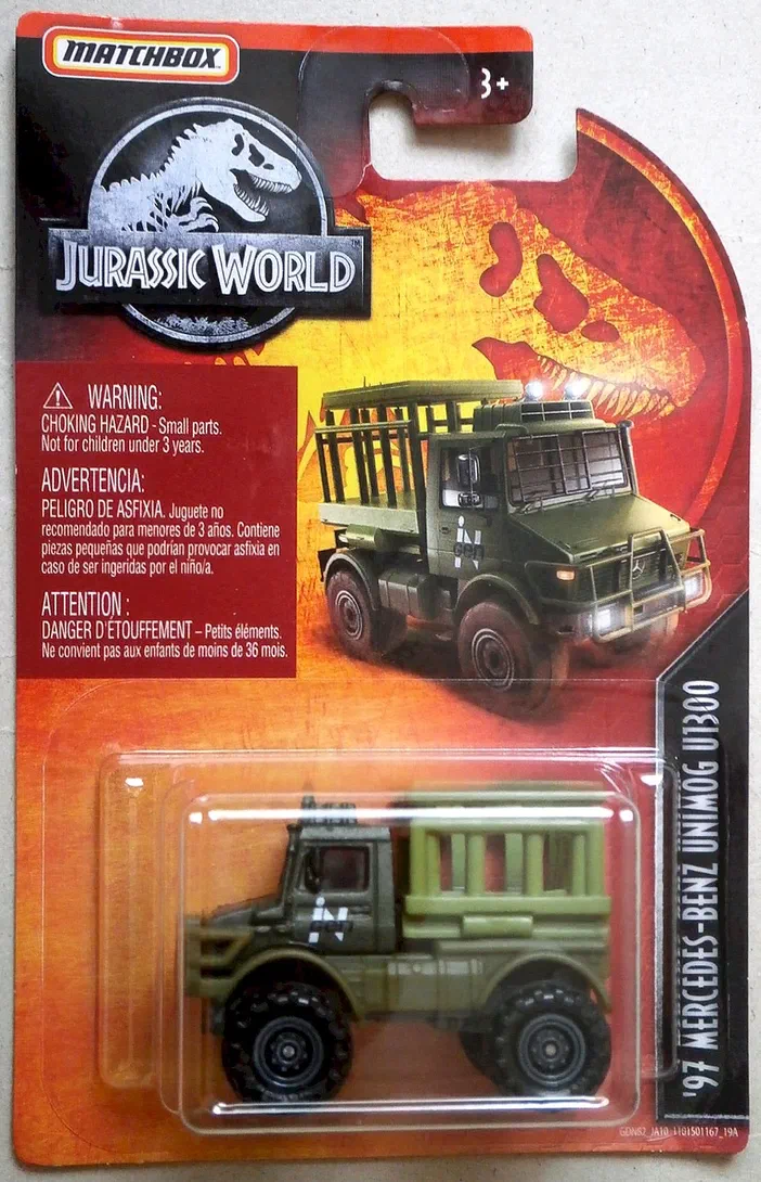 Packaging d'un véhicule de collection Matchbox représentant un Mercedes-Benz Unimog U1300 vert militaire dans la série Jurassic World.