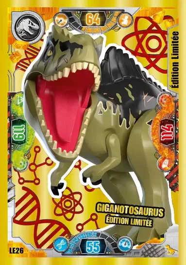 Carte de collection LEGO Jurassic World montrant un Giganotosaurus édition limitée avec des détails comme le numéro LE26 et les statistiques du dinosaure.