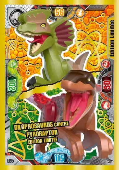 Carte de collection LEGO Jurassic World montrant Dilophosaurus contre Pyroraptor édition limitée