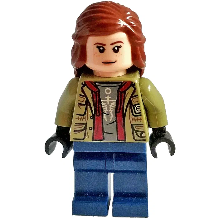 Minifigurine LEGO de la collection Jurassic World, avec des cheveux roux et un vêtement imprimé.