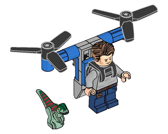 Minifigurine Owen avec un jetpack bleu et une petite dinosaure verte à côté.