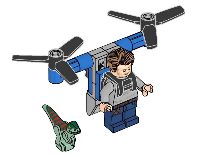 Minifigurine Owen avec un jetpack bleu et une petite dinosaure verte à côté.