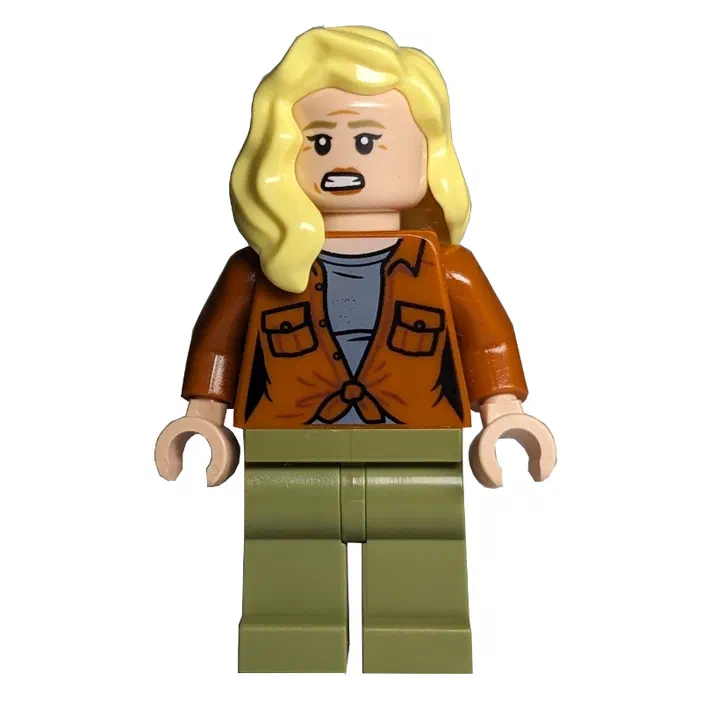 Minifigurine LEGO de la série Jurassic World, avec des cheveux blonds et un blouson marron.