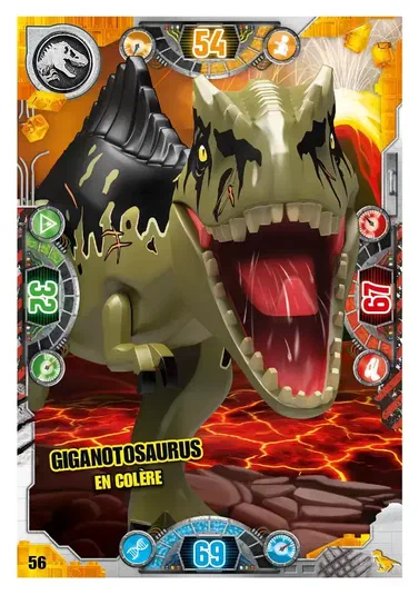 Carte de collection LEGO Jurassic World présentant un Giganotosaurus en colère avec des statistiques et le numéro 56.
