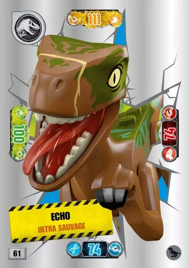 Carte de collection LEGO Jurassic World présentant le dinosaure Echo ultra sauvage avec ses statistiques et son numéro 61.