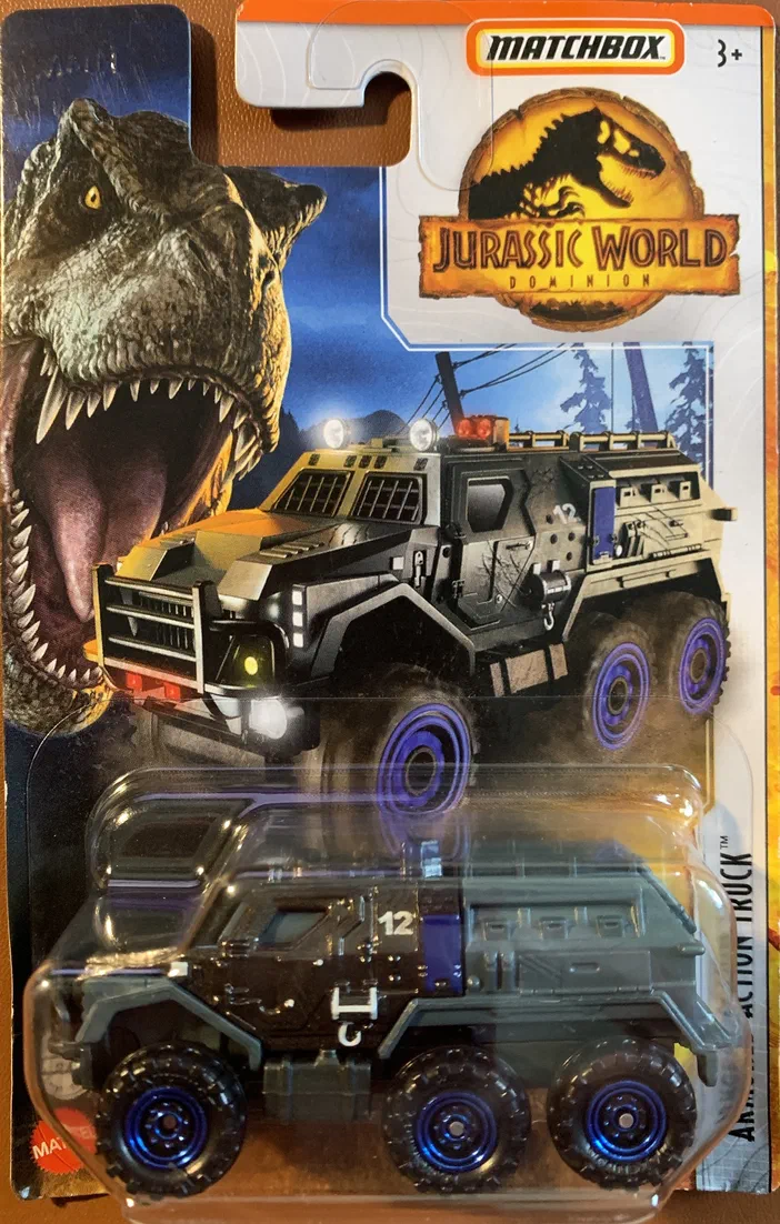 Packaging du Matchbox Armored Action Truck (HBH06) de la collection Jurassic World Dominion avec une illustration d'un T-Rex.