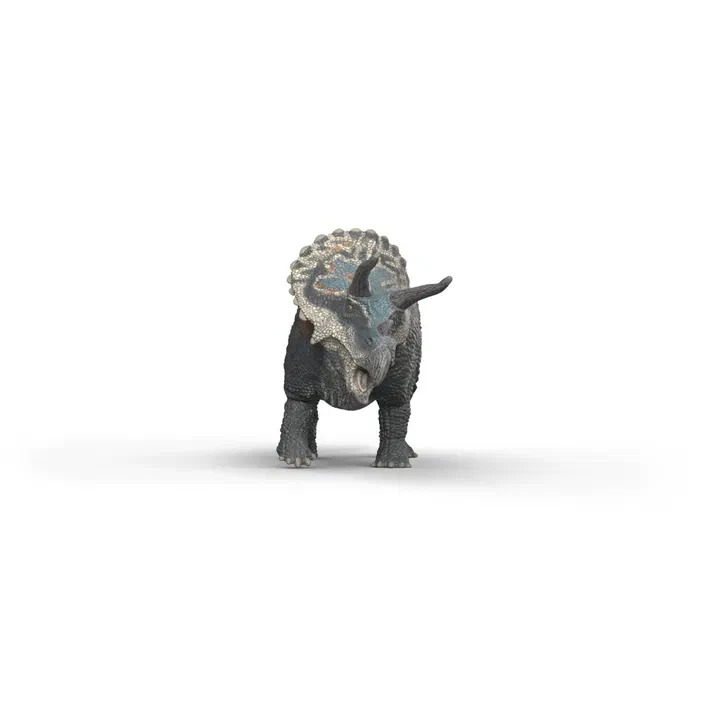 Une figurine de tricératops gris à cornes noires et crête ornée.