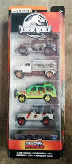 Packaging Matchbox Jurassic World Island Explorers contenant cinq véhicules de collection