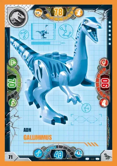 Carte de collection LEGO Jurassic World présentant un Gallimimus bleu avec des motifs noirs et les statistiques du jeu.