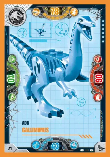 Carte de collection LEGO Jurassic World présentant un Gallimimus bleu avec des motifs noirs et les statistiques du jeu.