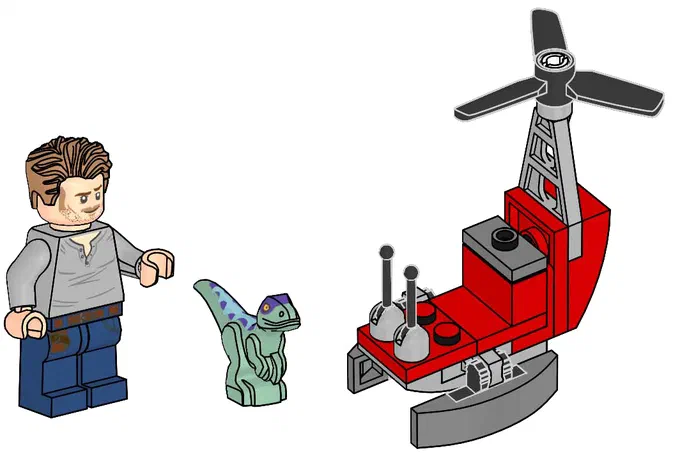 Minifigurine LEGO Owen et un dinosaure vert à côté d'un hélicoptère rouge.