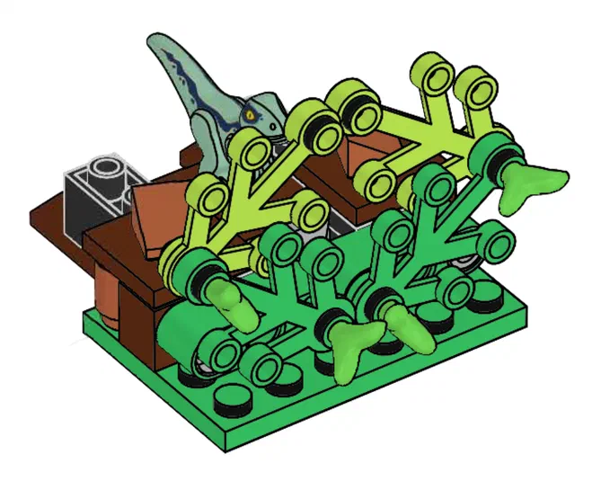 Une scène de construction LEGO représentant un raptor vert en train d'attaquer une structure brune sur une base verte.