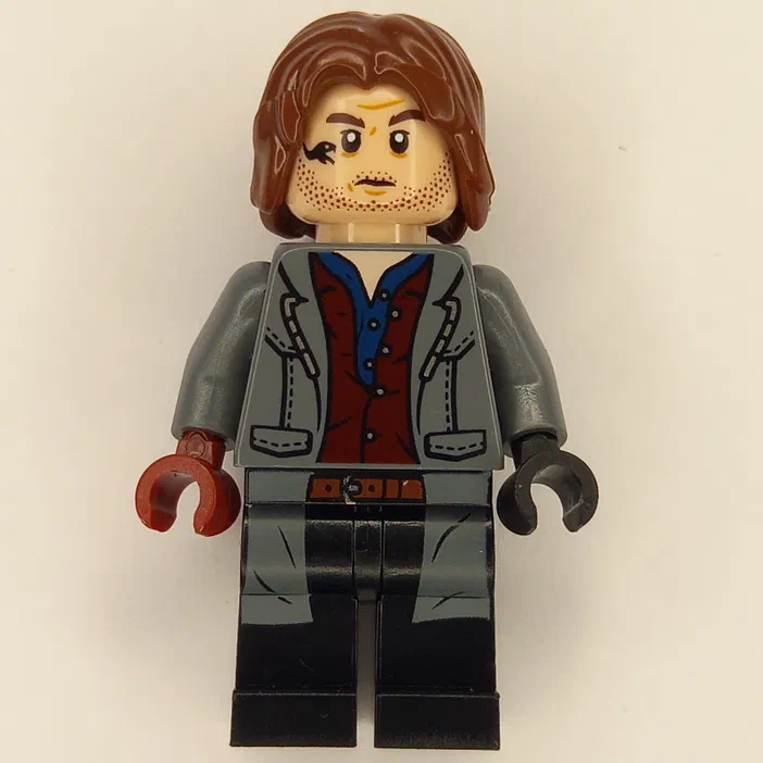 Minifigurine LEGO de Jurassic World, avec des cheveux bruns et une veste grise.