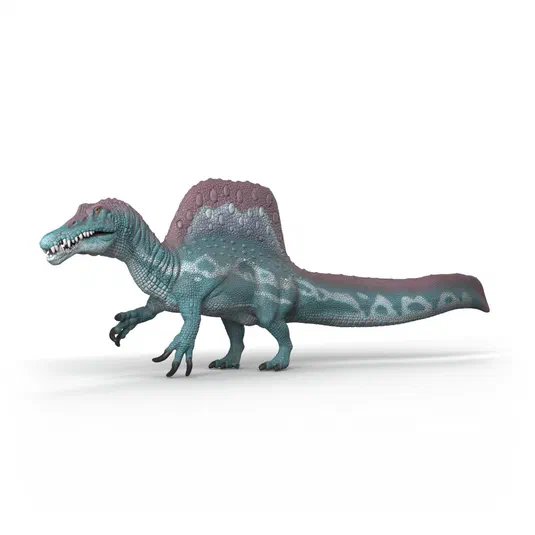 Un modèle de dinosaure Spinosaurus bleu et rose sur fond blanc.