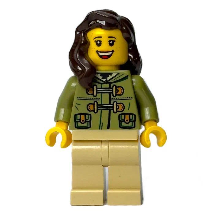 Minifigurine LEGO avec cheveux bruns et veste verte à boutons.