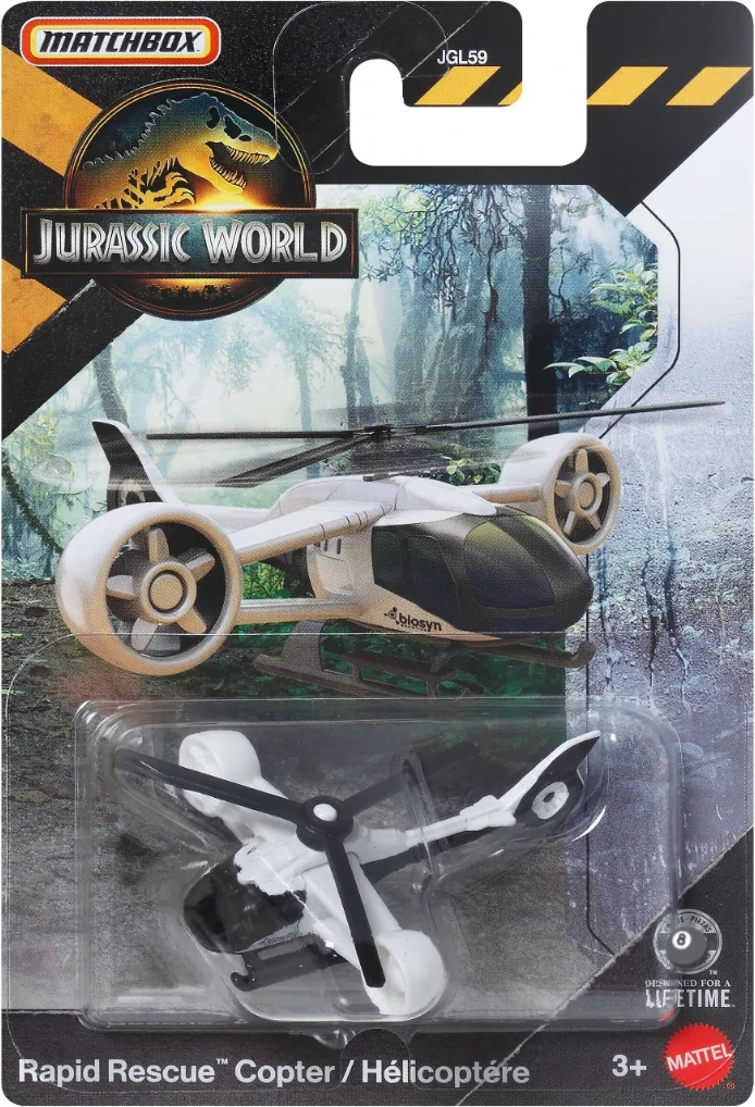 Coffret de jouet Matchbox Jurassic World contenant un hélicoptère blanc et noir nommé Rapid Rescue Copter