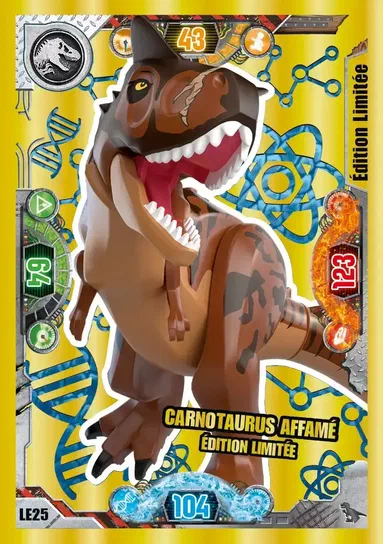 Carte de collection LEGO Jurassic World montrant un Carnotaurus affamé édition limitée avec des statistiques et le code LE25.
