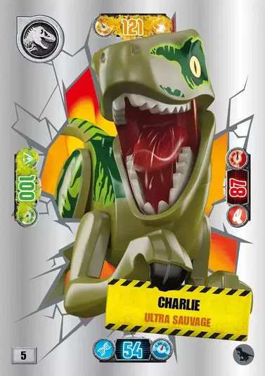 Carte de collection LEGO Jurassic World : Charlie ultra sauvage.