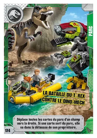 Carte de collection LEGO Jurassic World montrant un T. rex et le Dino-Mech en combat au-dessus d'un lac avec deux personnages dans une barque jaune.