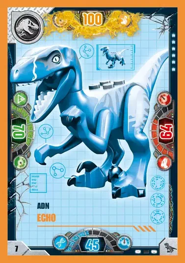 Carte de collection LEGO Jurassic World présentant un dinosaure bleu avec des statistiques et le titre ADN Echo.