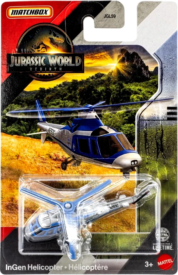 Hélicoptère InGen Matchbox Jurassic World Rebirth dans son emballage