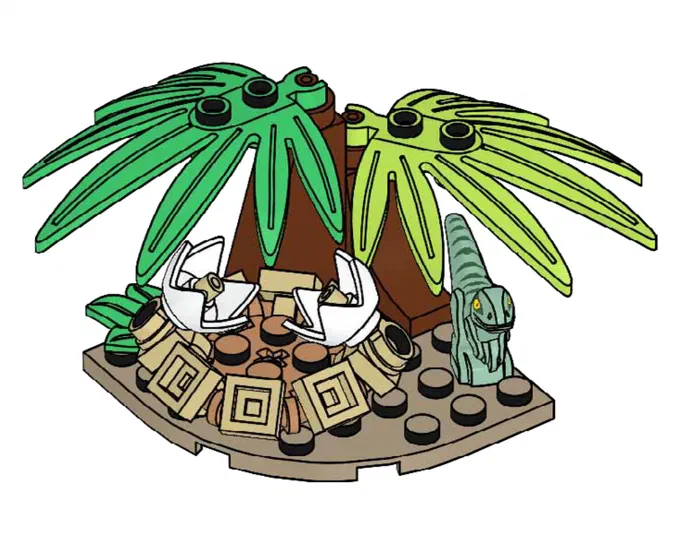 Ensemble de construction LEGO Jurassic World avec un nid d'œufs et un raptor vert sous des palmiers.